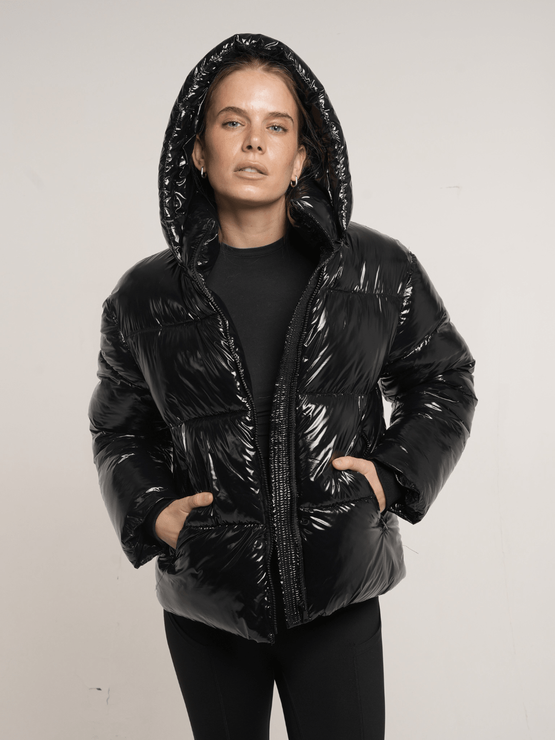 WarmCore™ Shiny Black Detachable Hooded Puffer Jacket