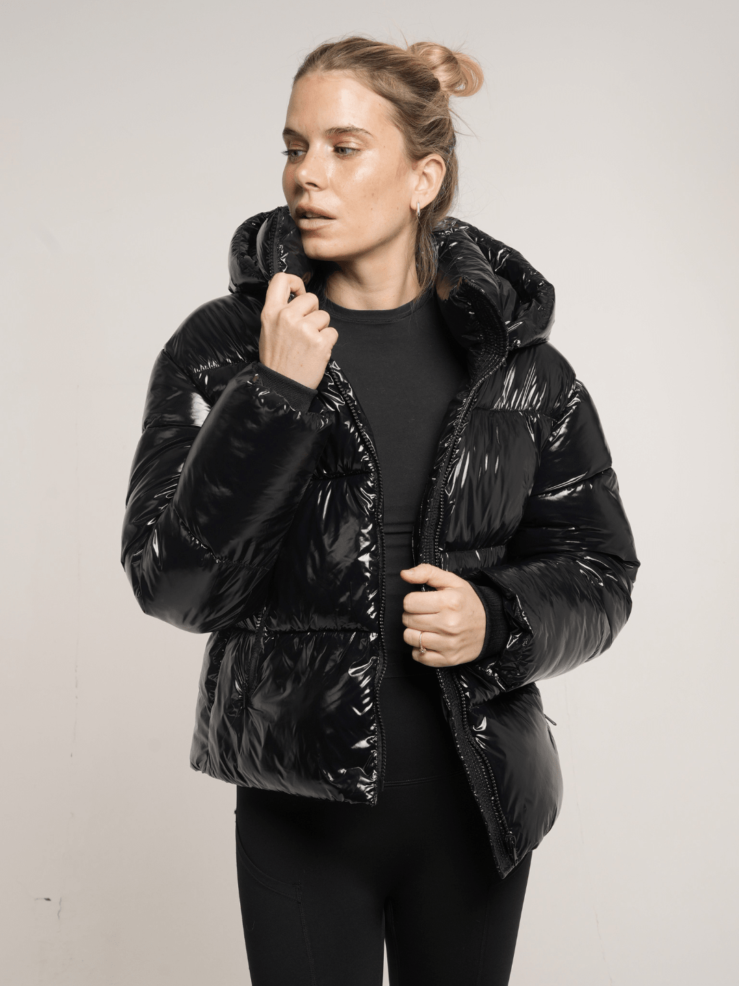 WarmCore™ Shiny Black Detachable Hooded Puffer Jacket
