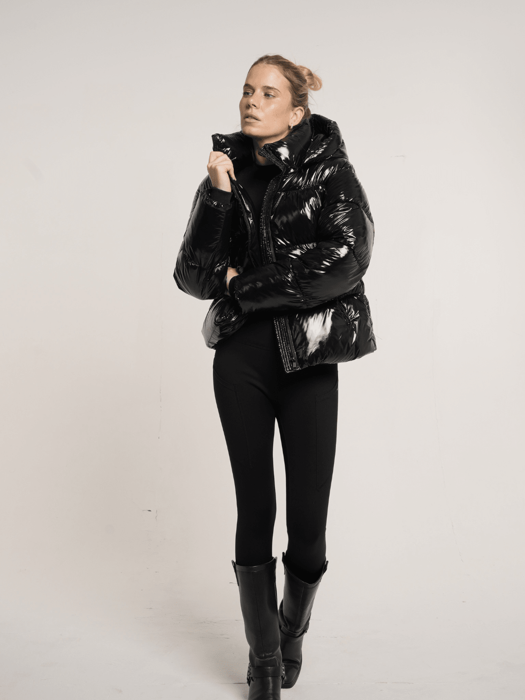 WarmCore™ Shiny Black Detachable Hooded Puffer Jacket