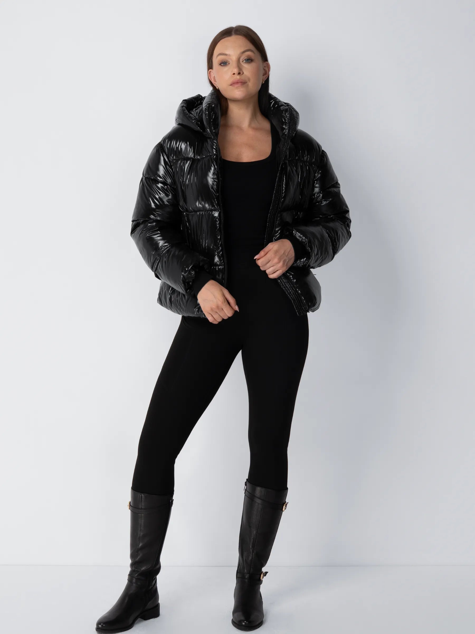 WarmCore™ Shiny Black Detachable Hooded Puffer Jacket