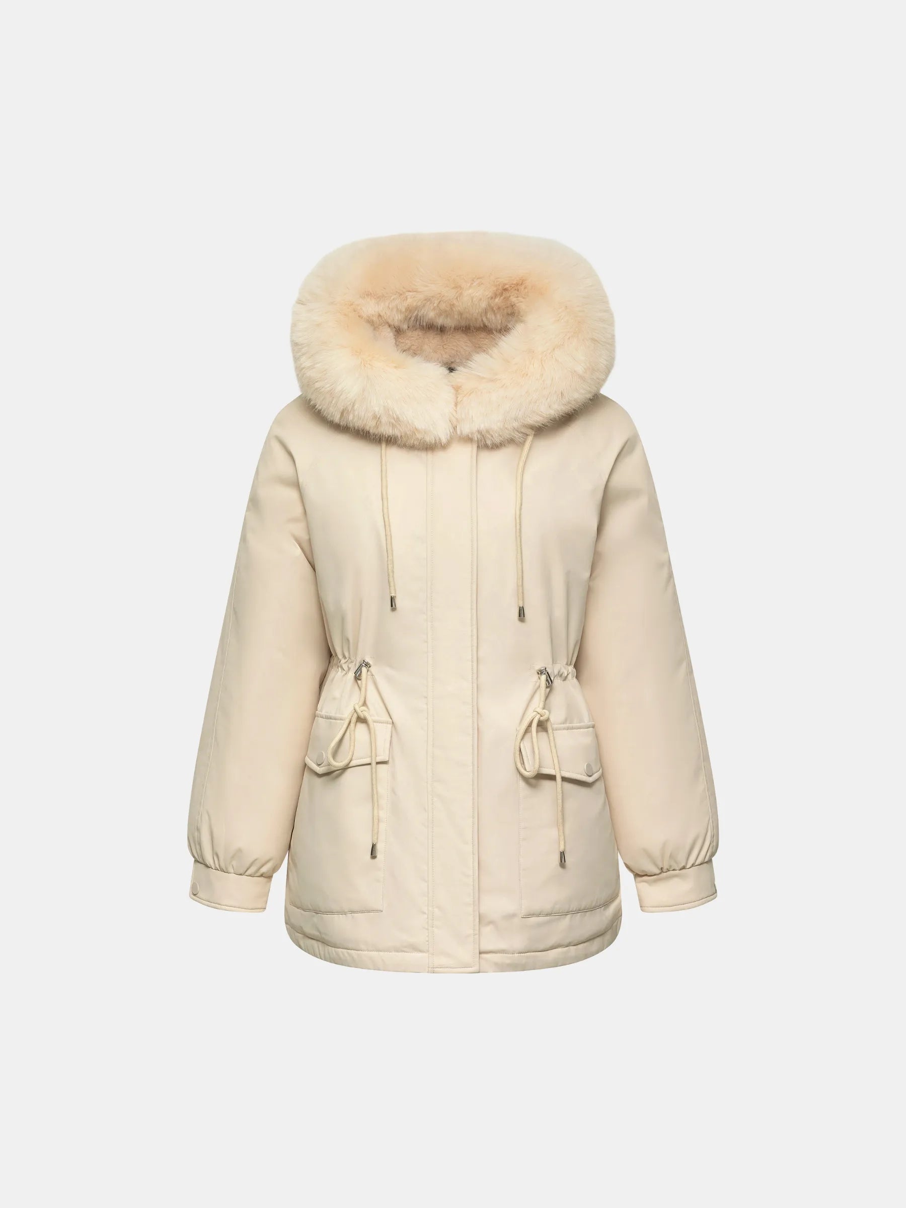 PUFFIT Faux Fur Mid-Length Hooded Drawstring Parka With Adjustable Wa