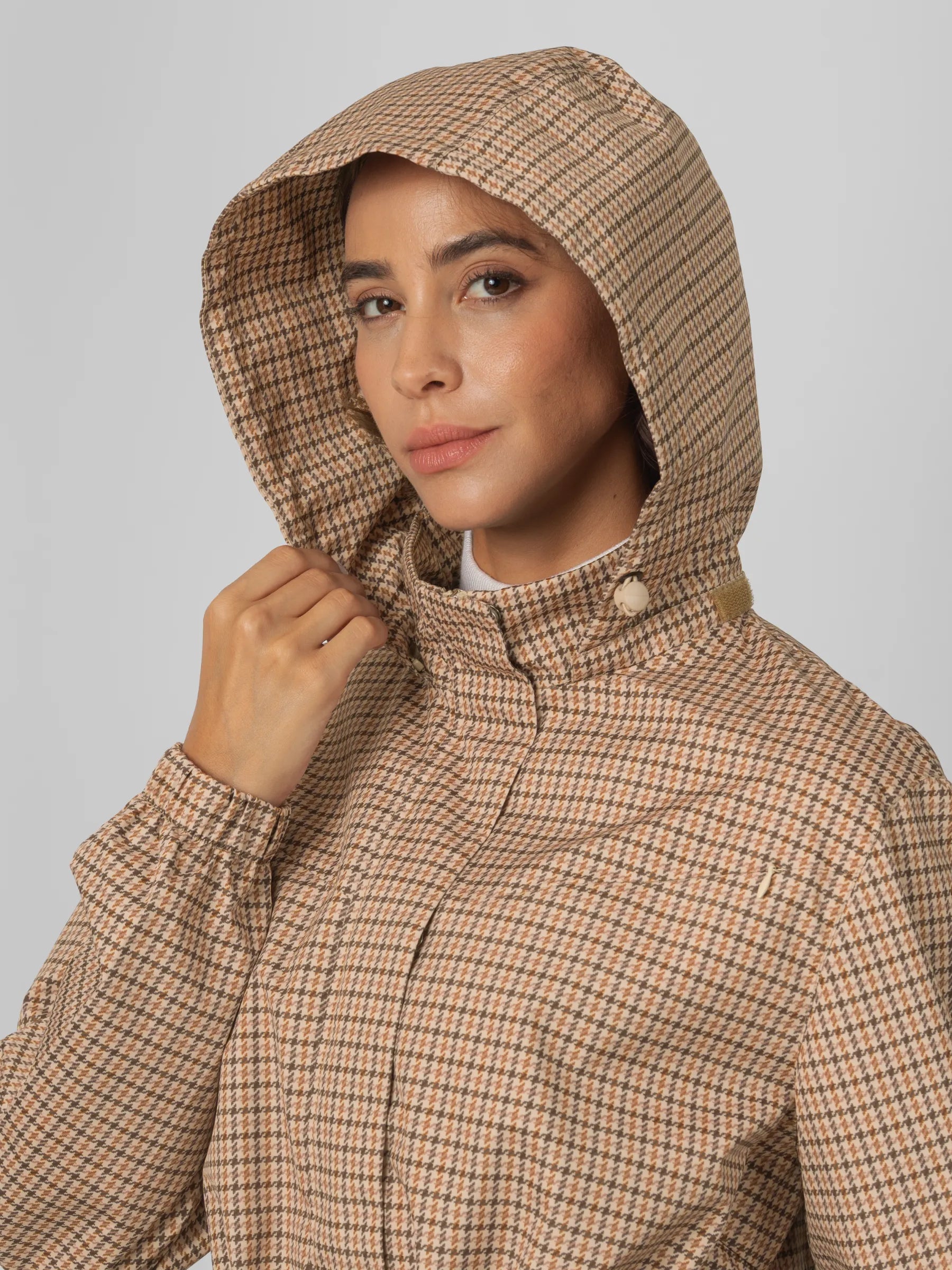 STM-TEX™ Beige Houndstooth Short Drawstring Waist Rain Jacket