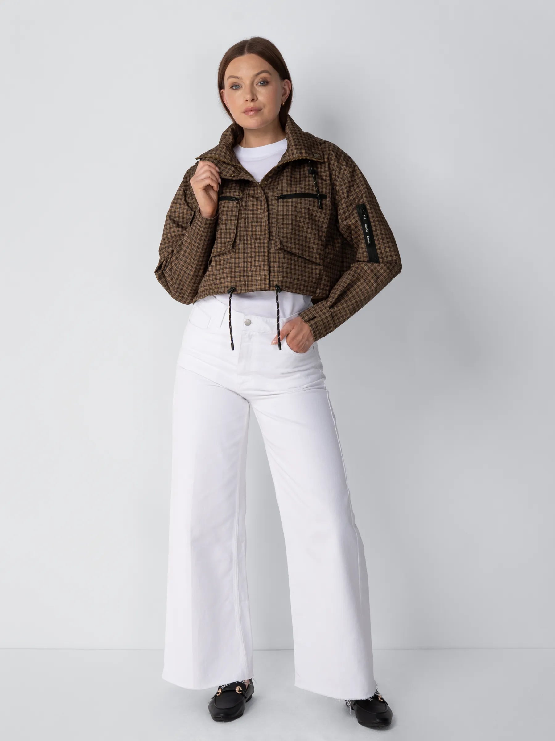 STM-TEX™ Brown Check Cropped Detached Hooded Rain Jacket