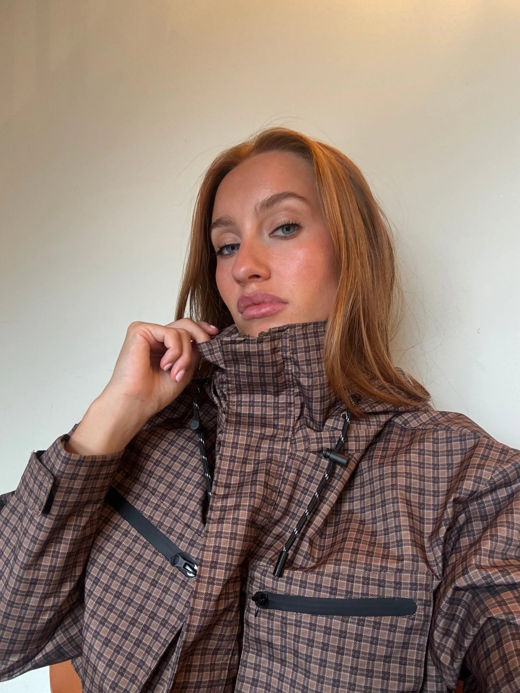 STM-TEX™ Brown Check Cropped Detached Hooded Rain Jacket