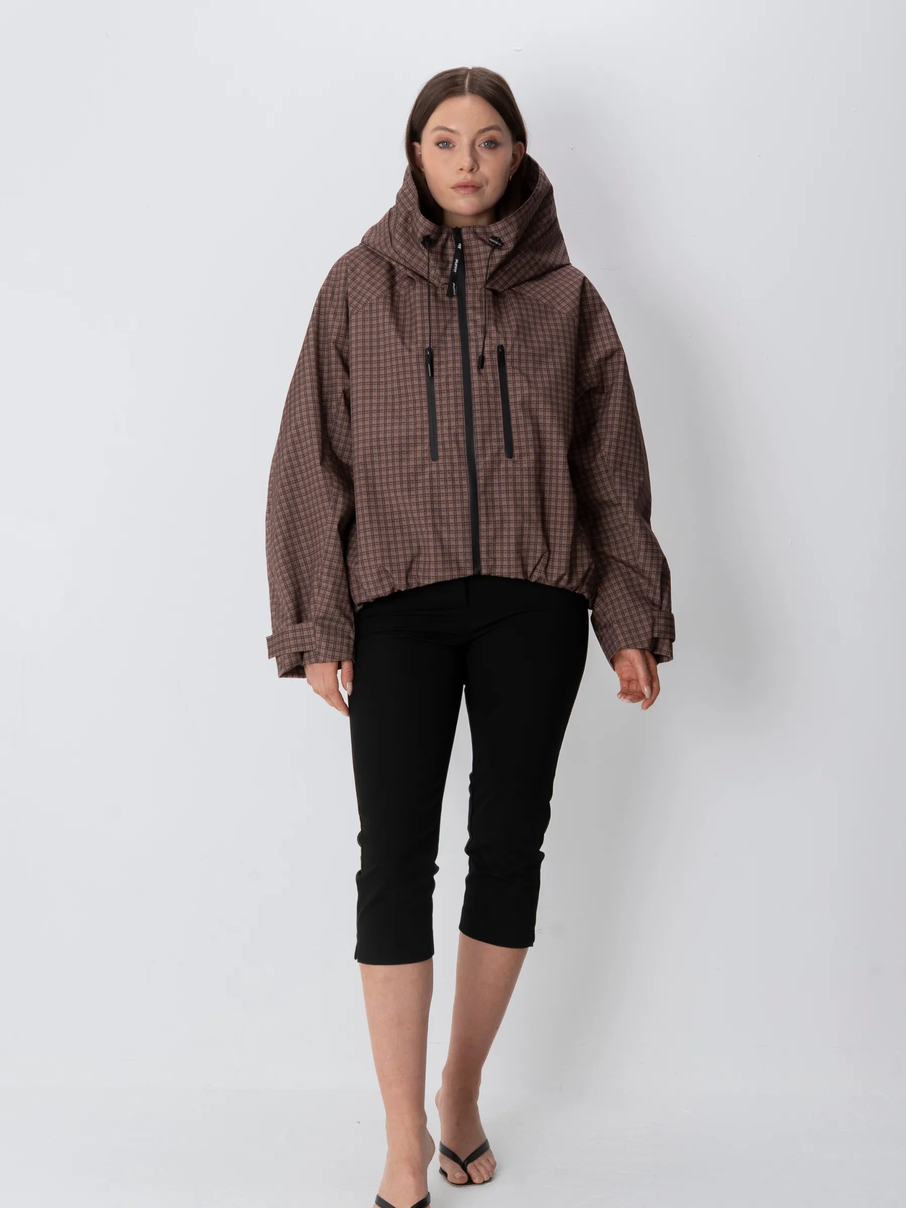 STM-TEX™ One Size Brown Check Short Oversized Rain Jacket