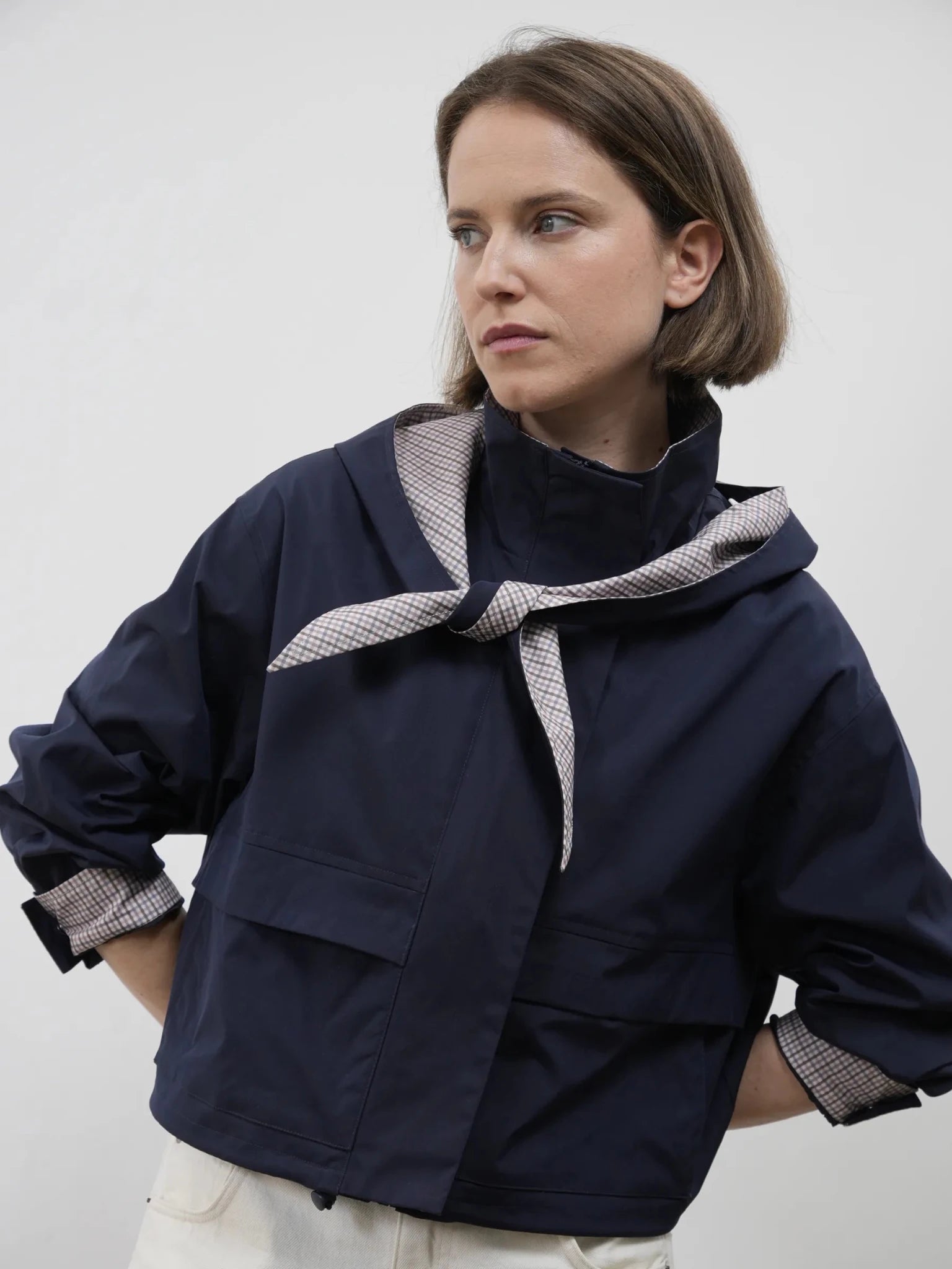 Effortless Style Funnel Collar Bomber Jacket With Hooded Scarf