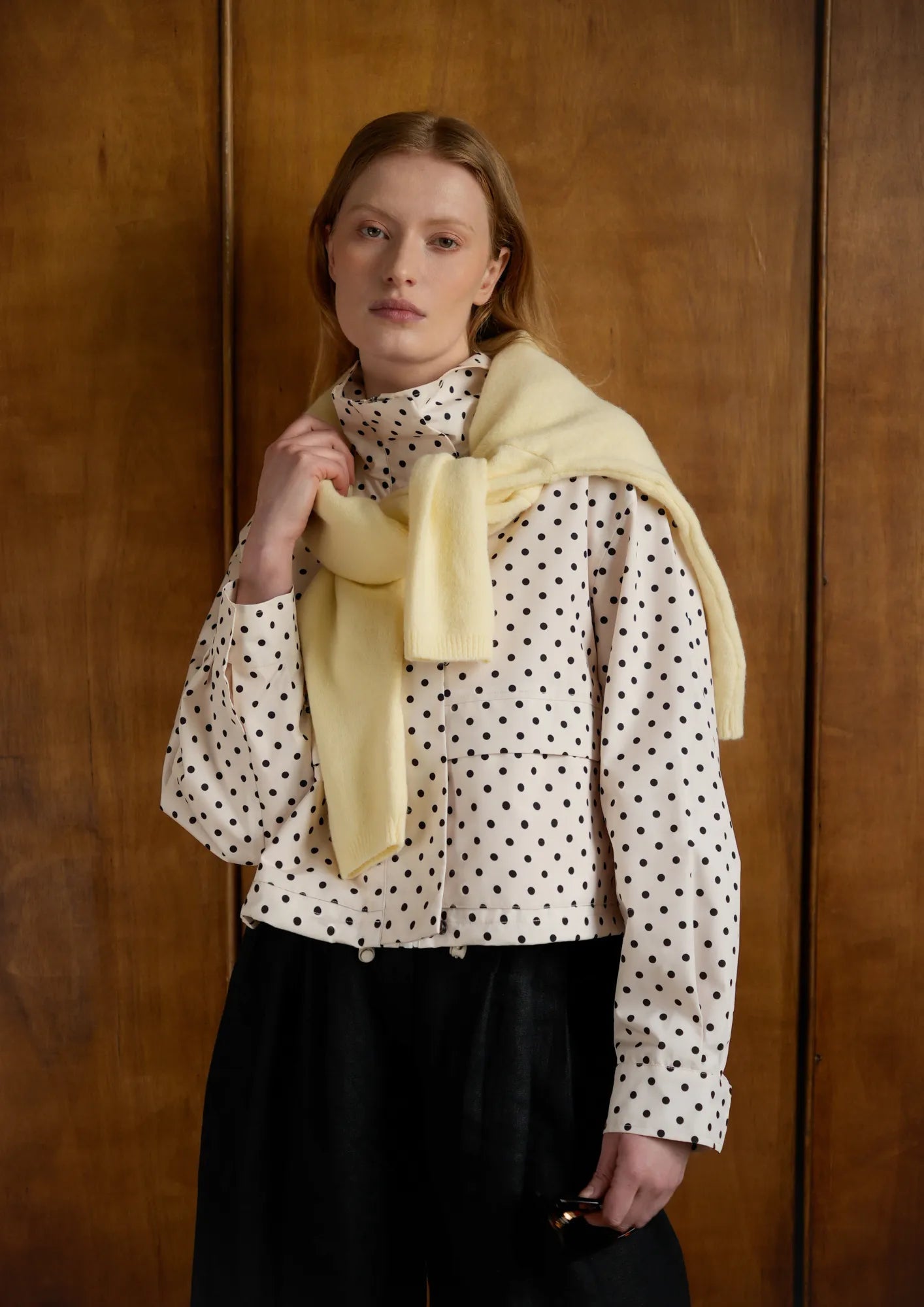 Effortless Style Pin Dot Stand Collar Bomber Jacket
