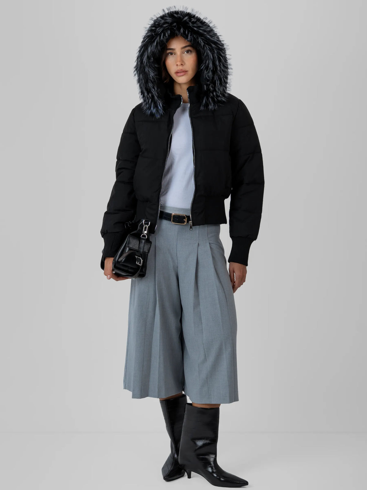 WarmCore™ Faux Fur Lined Puffer Bomber With Detachable Hood Trim