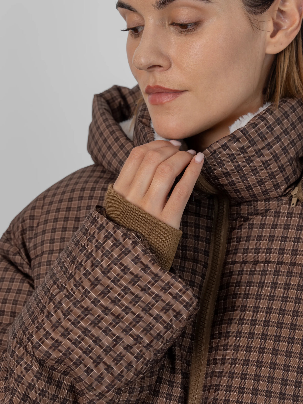 WarmCore™ Brown Check Faux Fur Lined Detachable Hooded Short Puffer Jacket