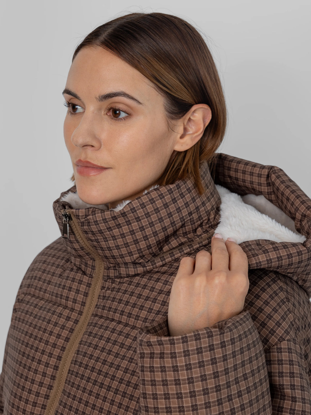 WarmCore™ Brown Check Faux Fur Lined Detachable Hooded Short Puffer Jacket