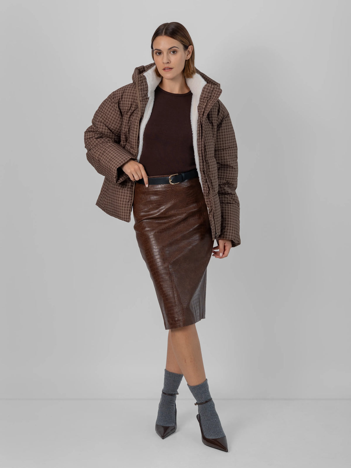 WarmCore™ Brown Check Faux Fur Lined Detachable Hooded Short Puffer Jacket