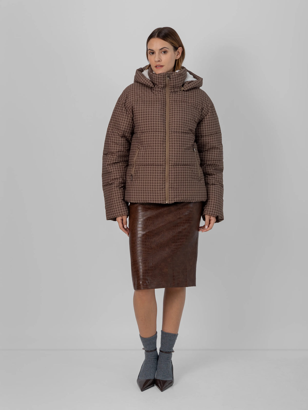 WarmCore™ Brown Check Faux Fur Lined Detachable Hooded Short Puffer Jacket