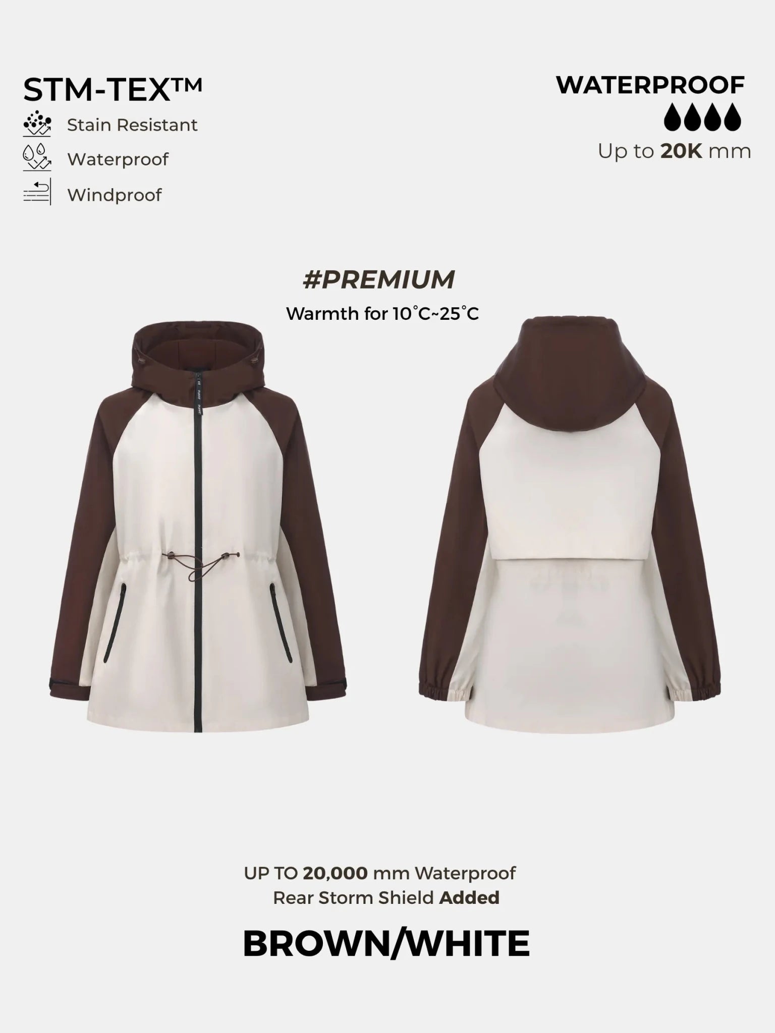 STM-TEX™ Brown/White Full-Zip Rain Jacket - PUFFIT