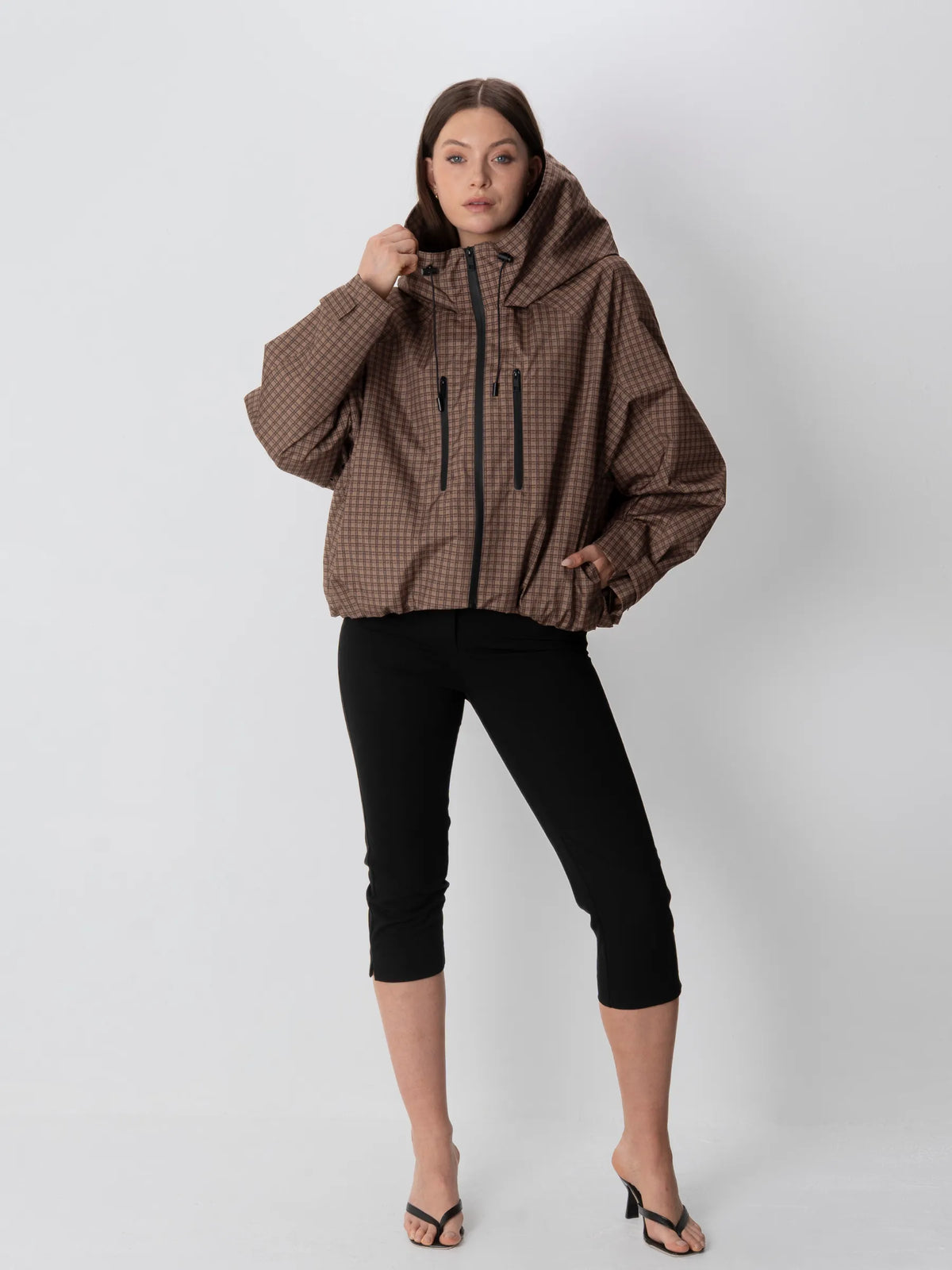 STM-TEX™ One Size Brown Check Short Oversized Rain Jacket - PUFFIT