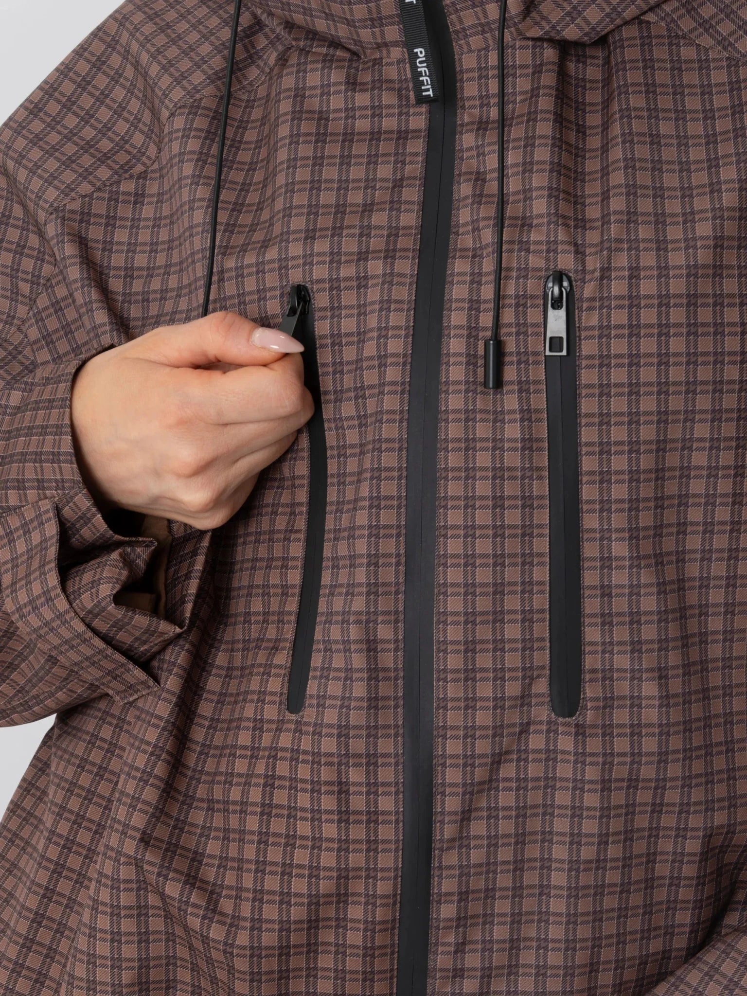 STM-TEX™ One Size Brown Check Short Oversized Rain Jacket - PUFFIT