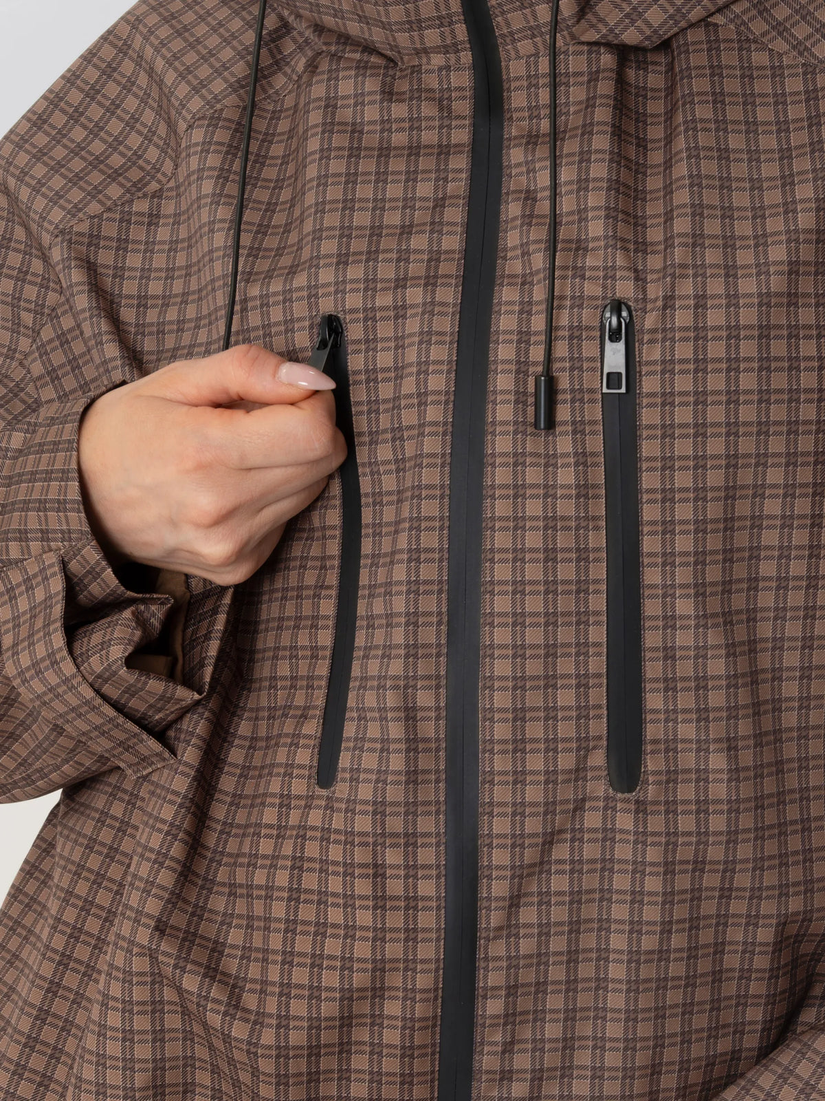 STM-TEX™ One Size Brown Check Short Oversized Rain Jacket - PUFFIT