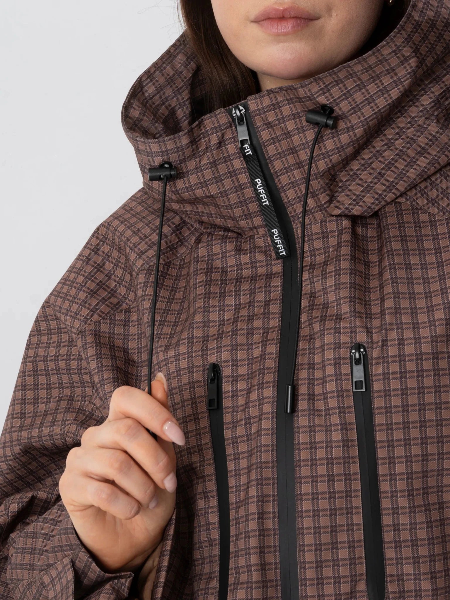 STM-TEX™ One Size Brown Check Short Oversized Rain Jacket - PUFFIT