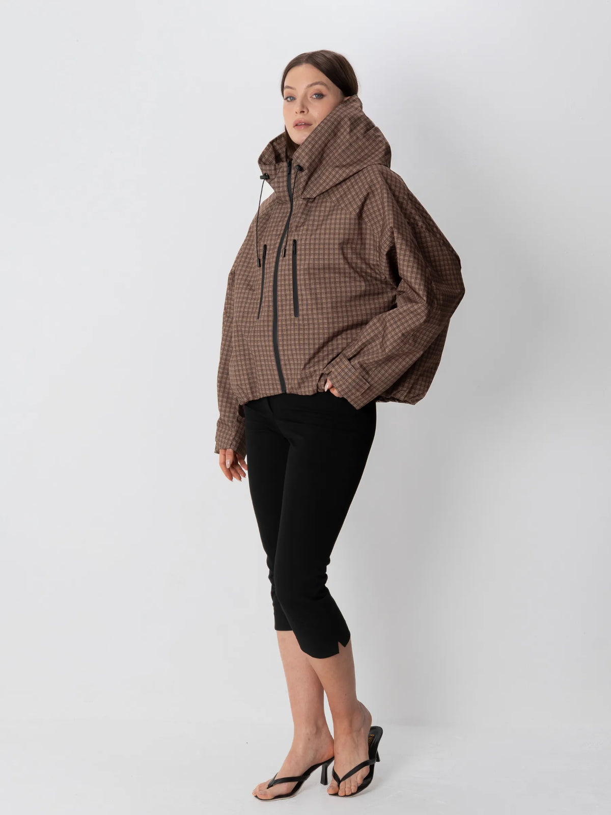 STM-TEX™ One Size Brown Check Short Oversized Rain Jacket - PUFFIT