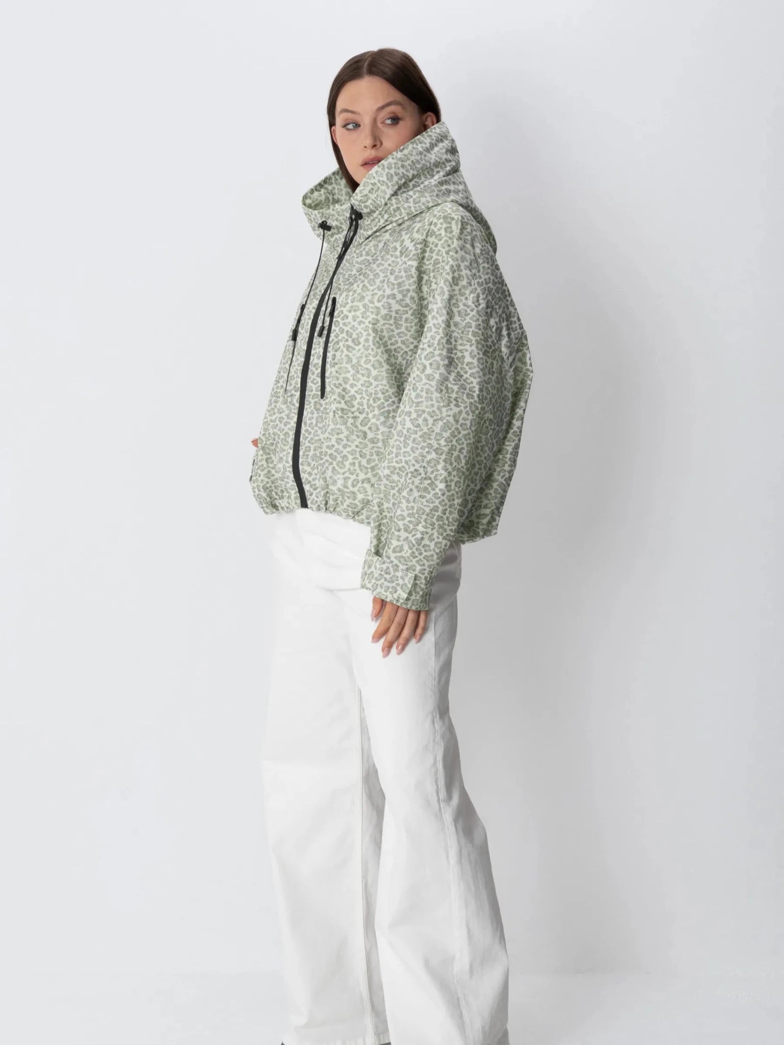STM-TEX™ One Size Olive Leopard Short Oversized Rain Jacket - PUFFIT