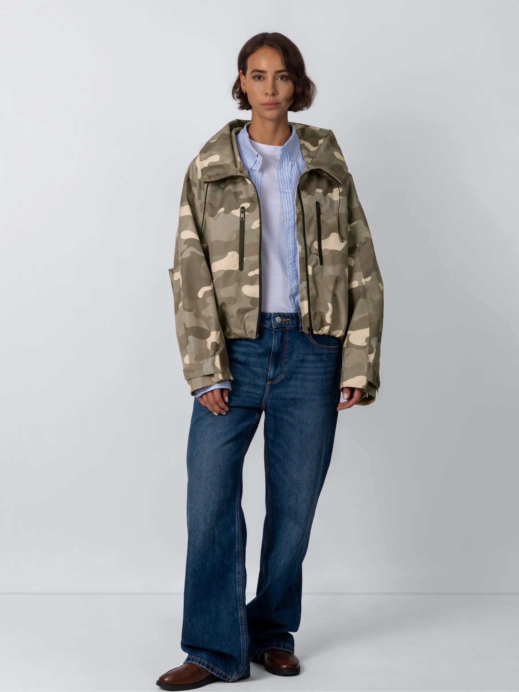 STM-TEX™ One Size Taupe Camo Short Oversized Rain Jacket - PUFFIT
