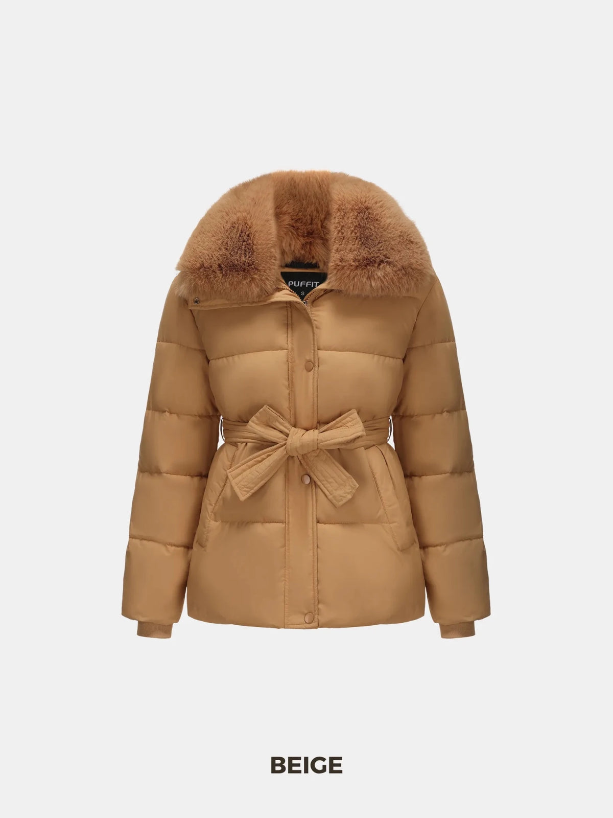 WarmCore™ Premium Elegant Detachable Faux Fur Collar Puffer With Belt - PUFFIT