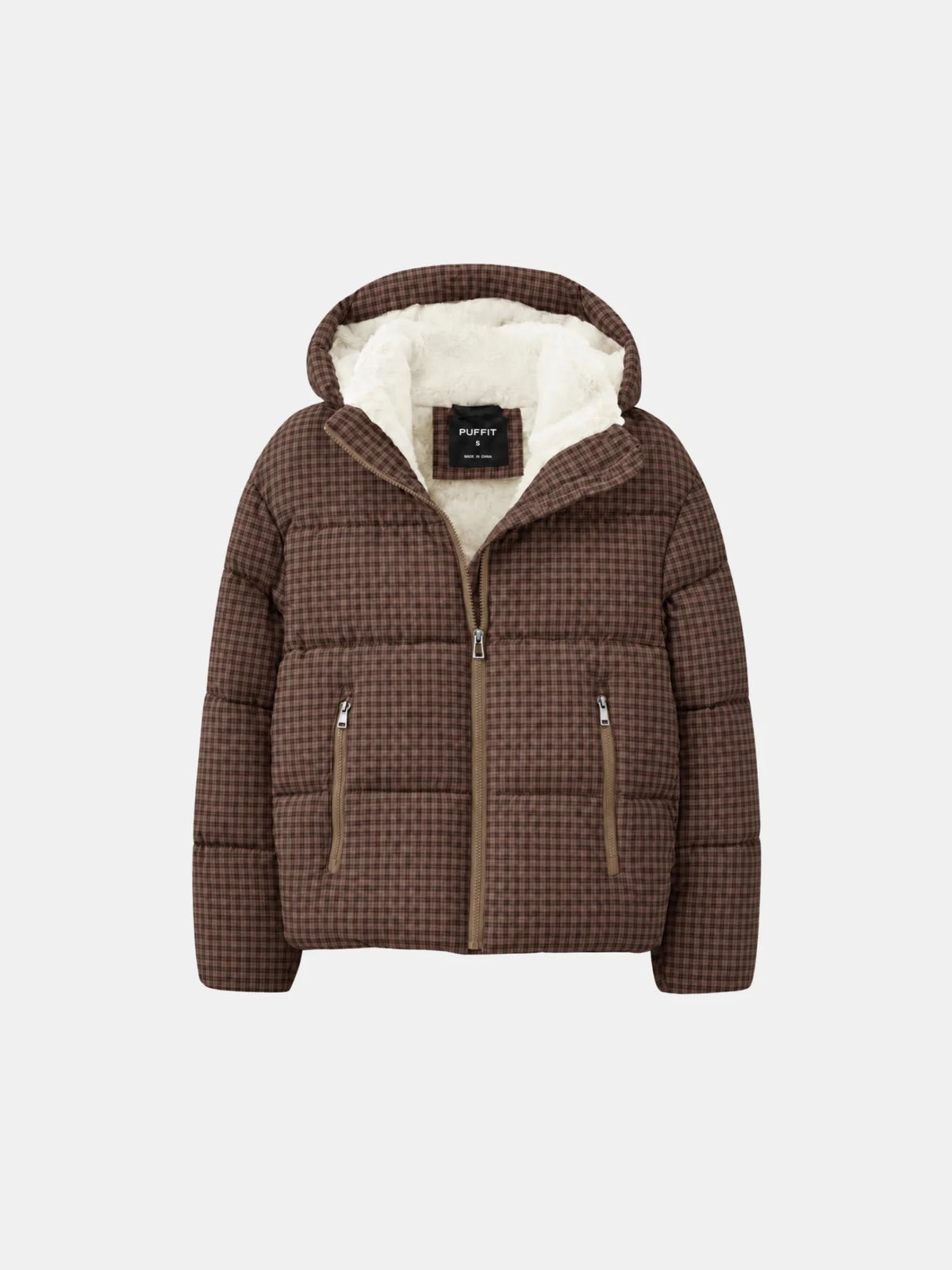 WarmCore™ Brown Check Faux Fur Lined Detachable Hooded Short Puffer Jacket