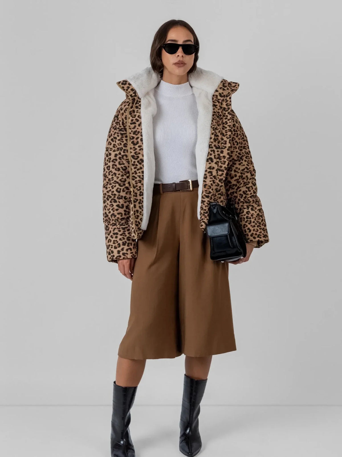 WarmCore™ Leopard Print Faux Fur Lined Detachable Hooded Short Puffer Jacket