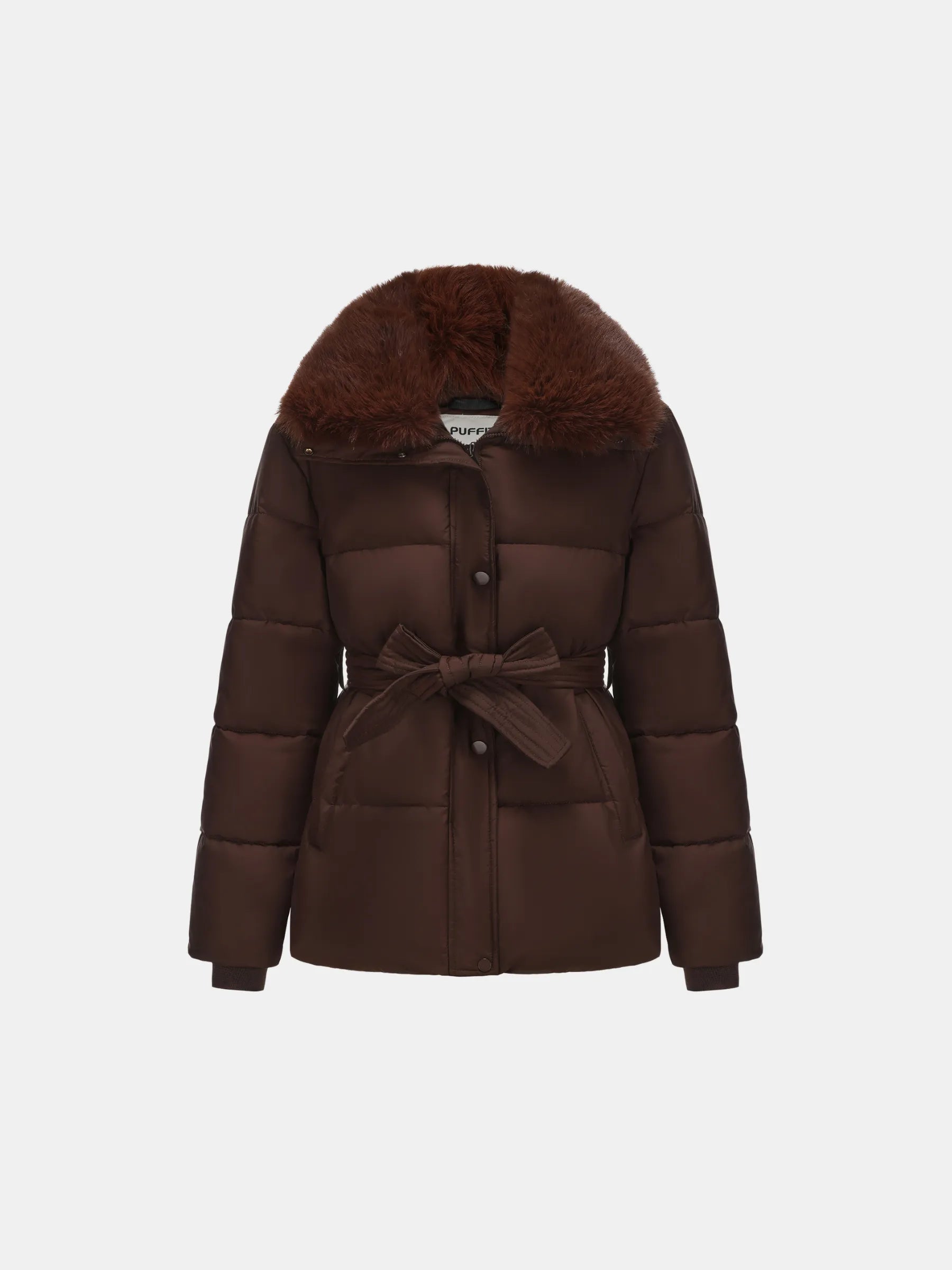 WarmCore™ Premium Elegant Detachable Faux Fur Collar Puffer With Belt - PUFFIT