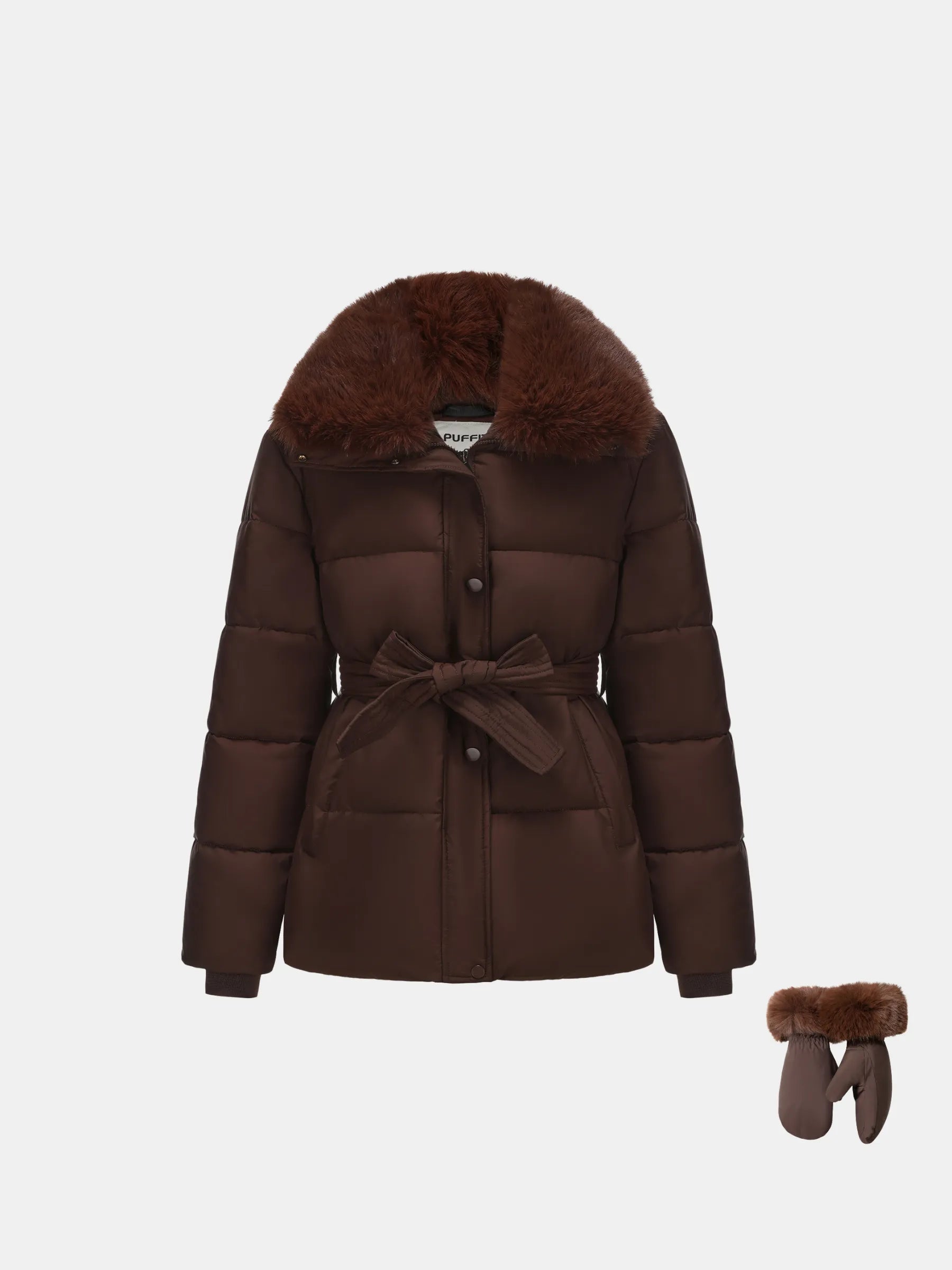 WarmCore™ Premium Elegant Detachable Faux Fur Collar Puffer With Belt - PUFFIT