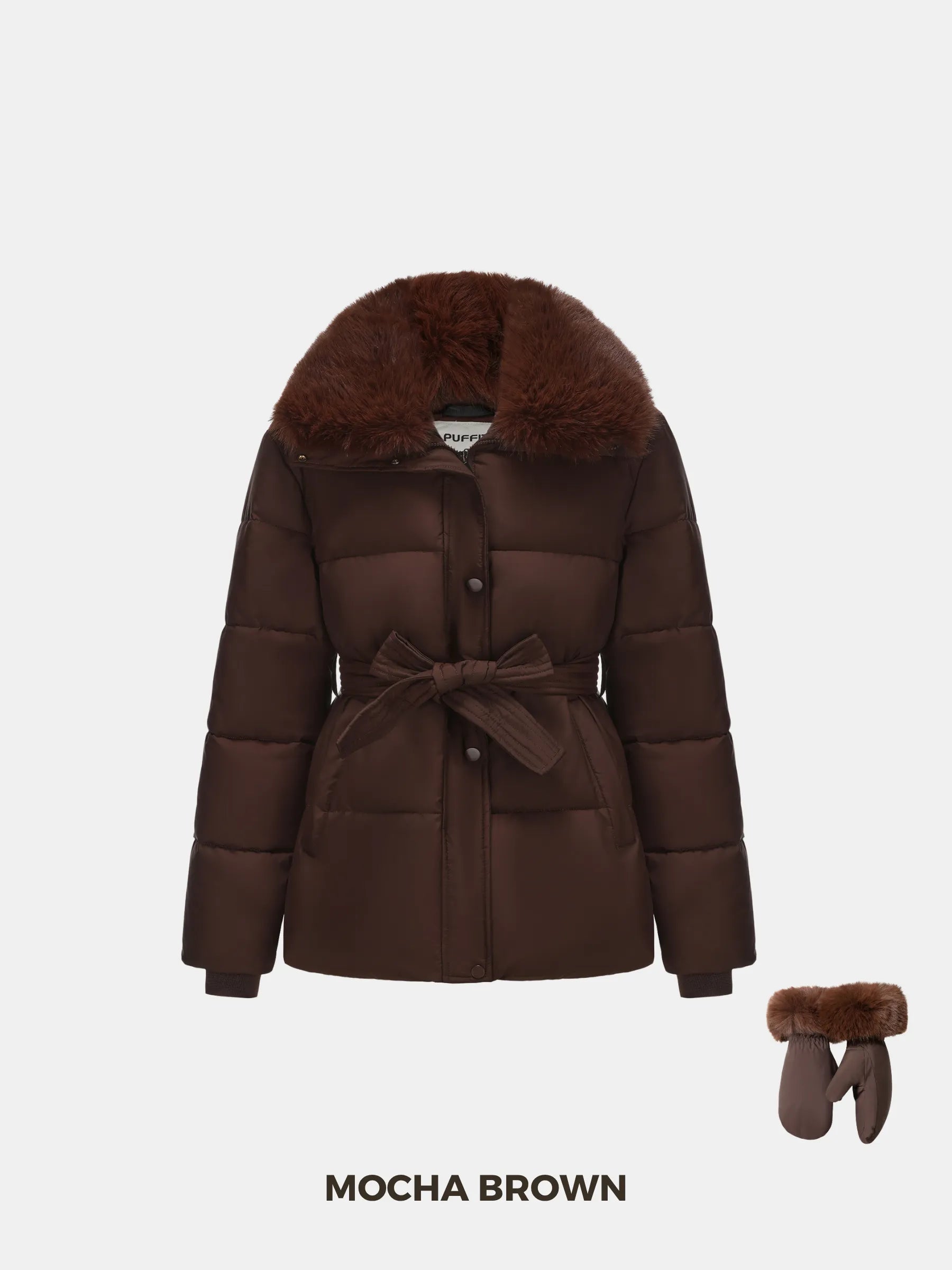 WarmCore™ Premium Elegant Detachable Faux Fur Collar Puffer With Belt - PUFFIT