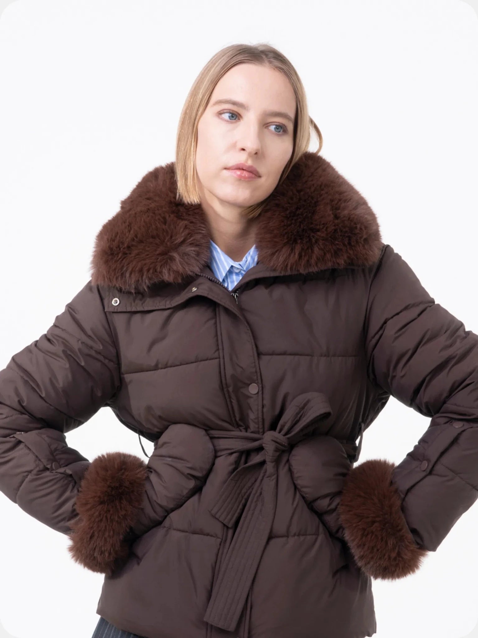 WarmCore™ Premium Elegant Detachable Faux Fur Collar Puffer With Belt - PUFFIT