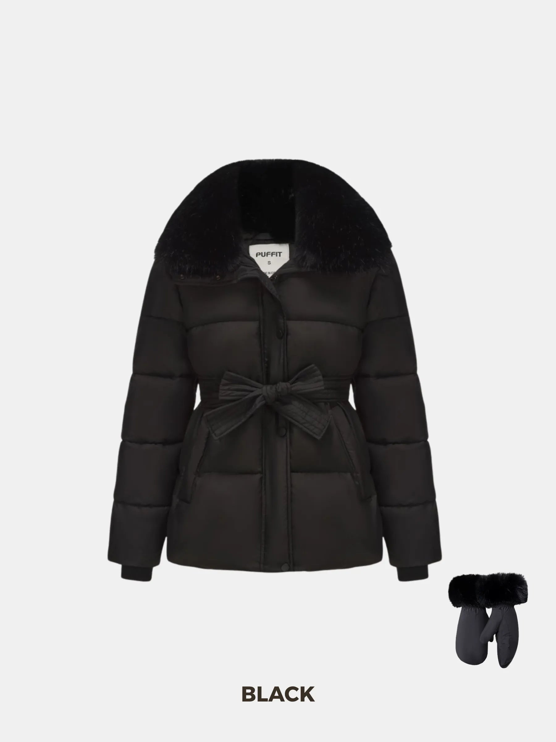 WarmCore™ Premium Elegant Detachable Faux Fur Collar Puffer With Belt - PUFFIT