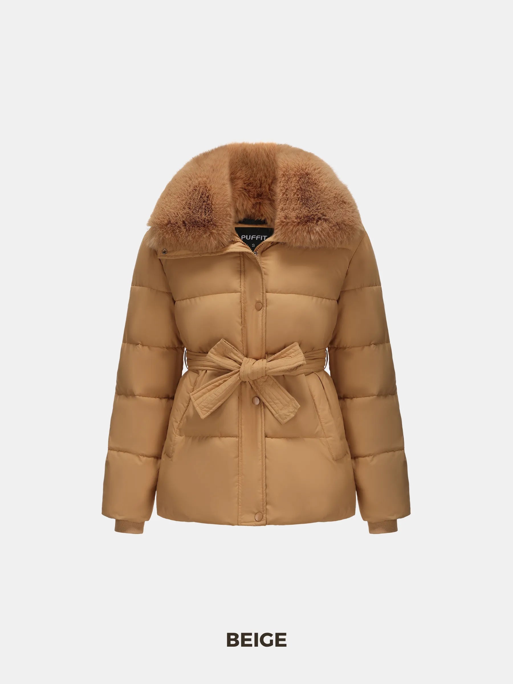 WarmCore™ Premium Elegant Detachable Faux Fur Collar Puffer With Belt - PUFFIT
