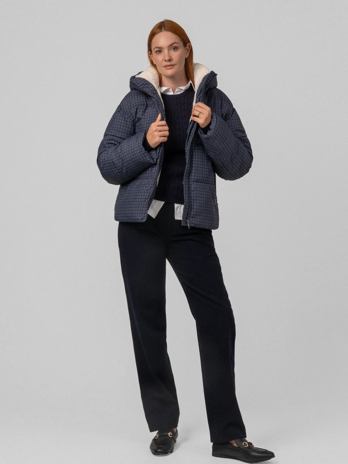 WarmCore™ Royal Blue Check Faux Fur Lined Detachable Hooded Short Puffer Jacket