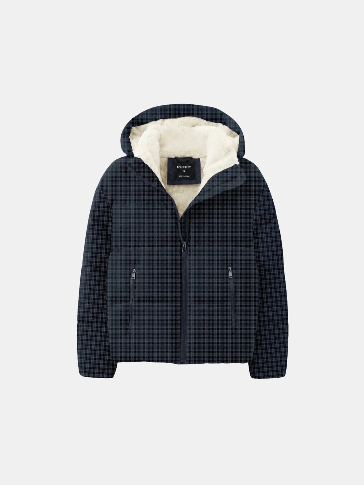 WarmCore™ Royal Blue Check Faux Fur Lined Detachable Hooded Short Puffer Jacket