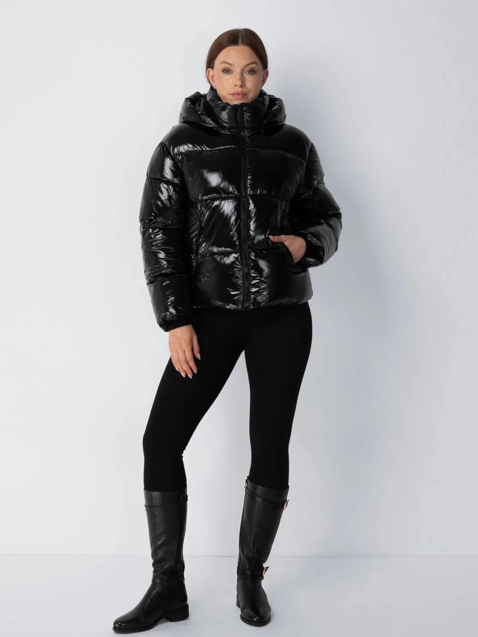 WarmCore™ Shiny Black Detachable Hooded Puffer Jacket - PUFFIT