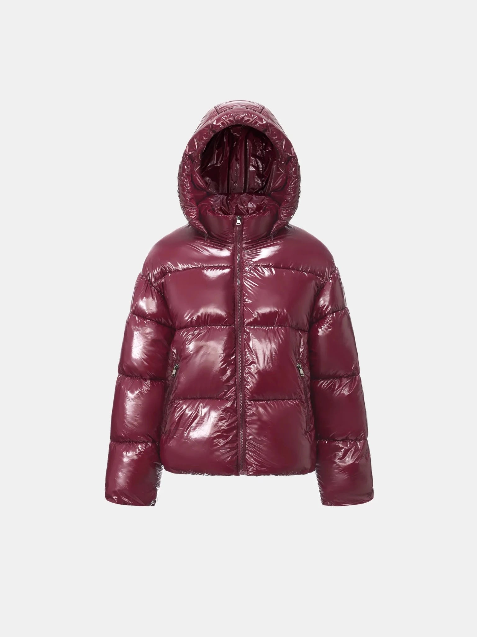 WarmCore™ Shiny Burgundy Detachable Hooded Puffer Jacket - PUFFITC02