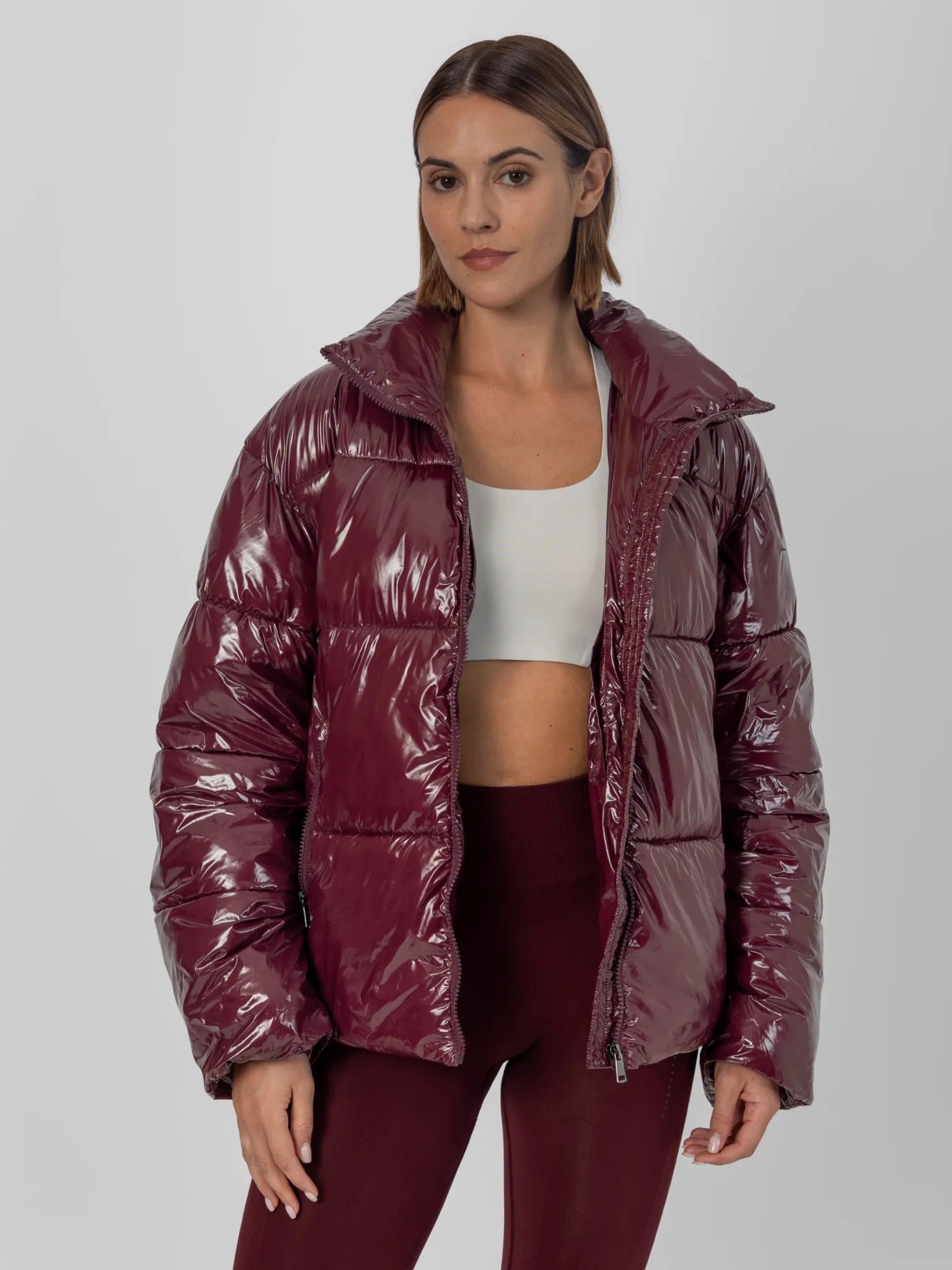 WarmCore™ Shiny Burgundy Detachable Hooded Puffer Jacket - PUFFITC02