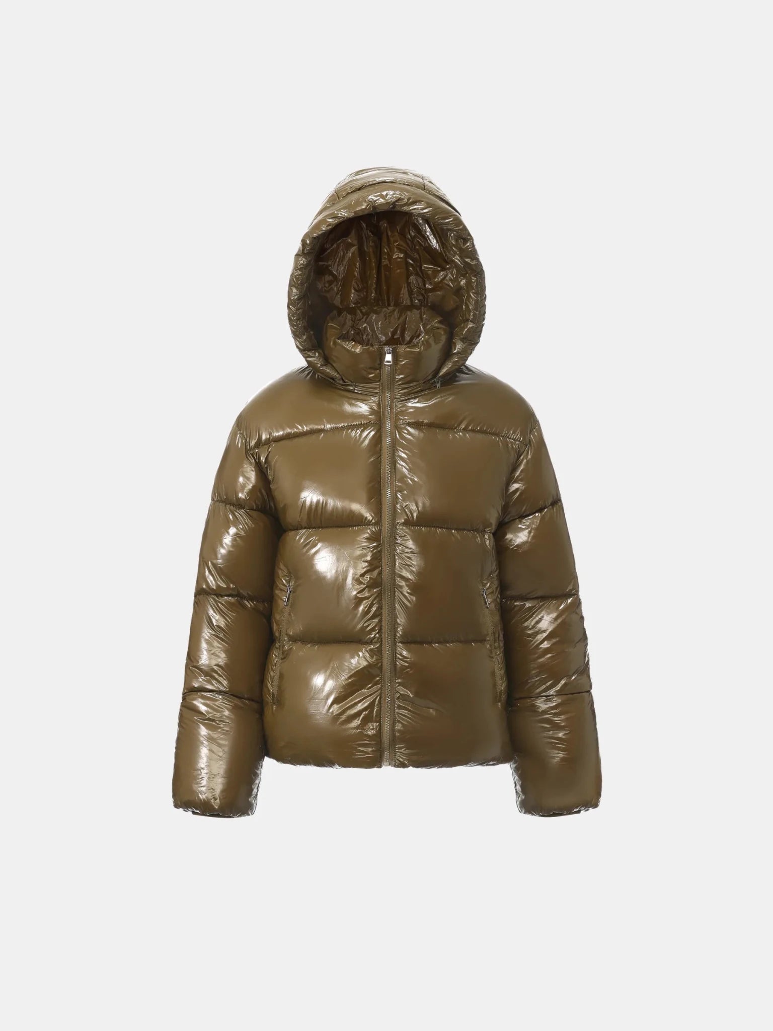 WarmCore™ Shiny Green Detachable Hooded Puffer Jacket - PUFFITC02
