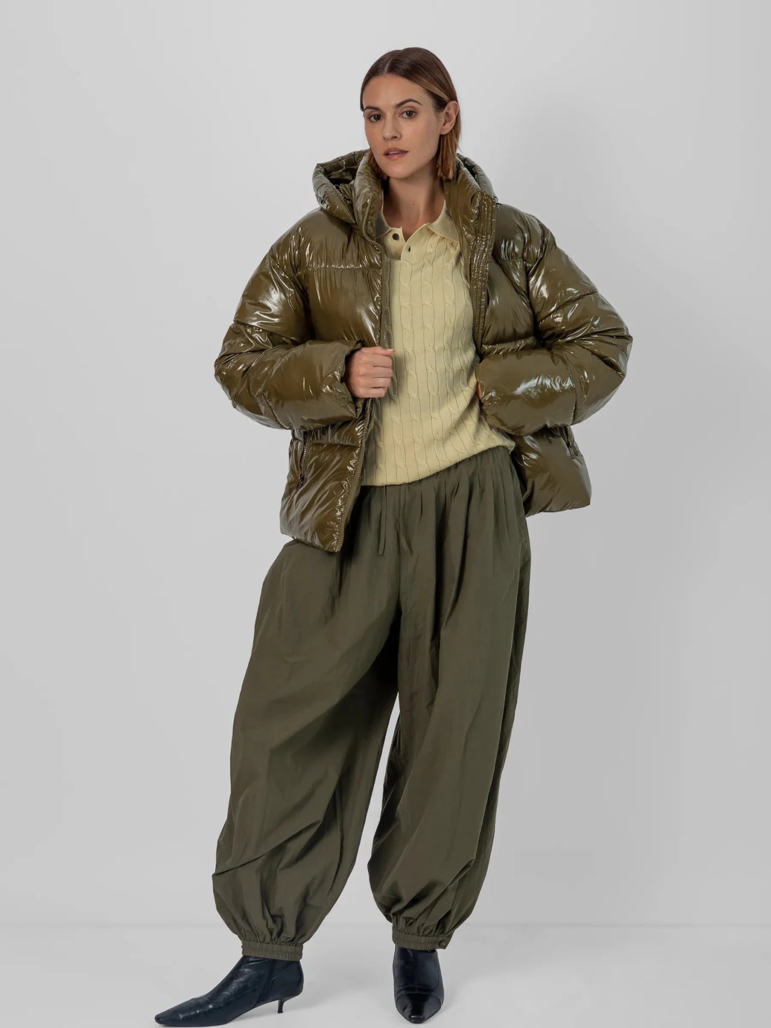 WarmCore™ Shiny Green Detachable Hooded Puffer Jacket - PUFFITC02