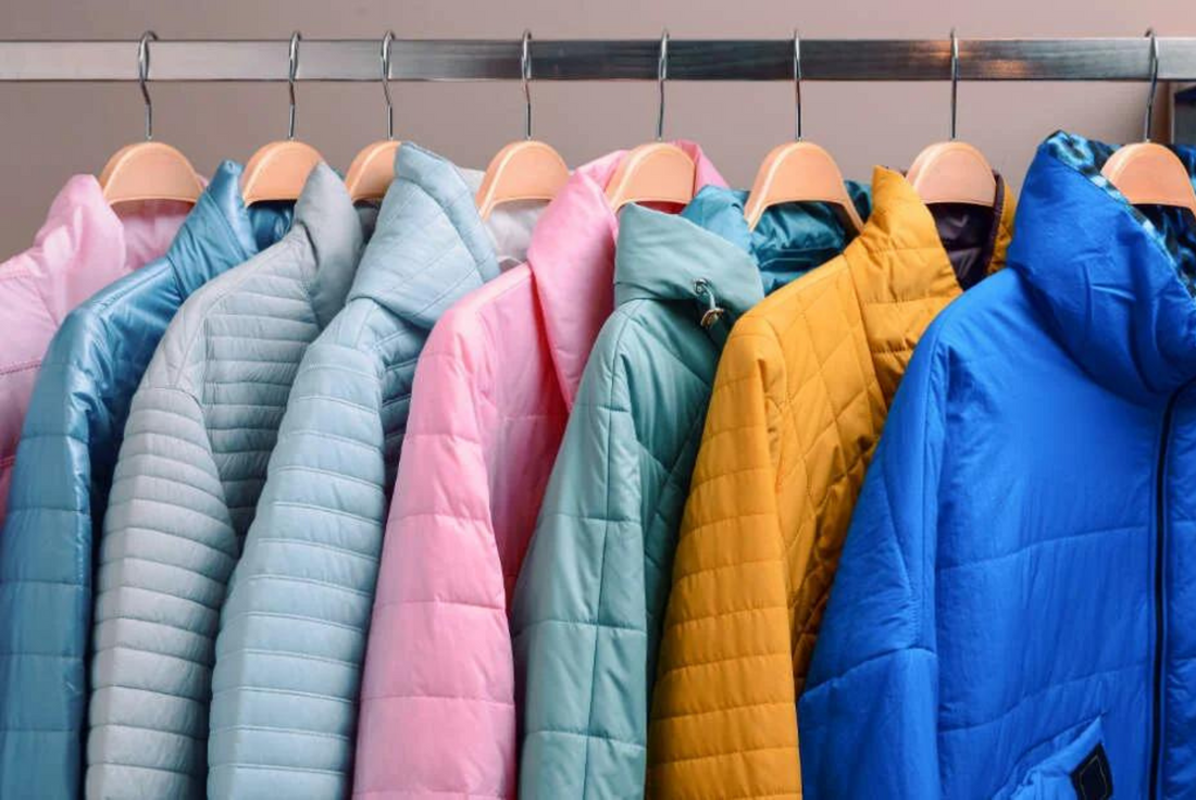  puffer jacket neatly folded and hanging, showcasing smart storage options for winter clothing.