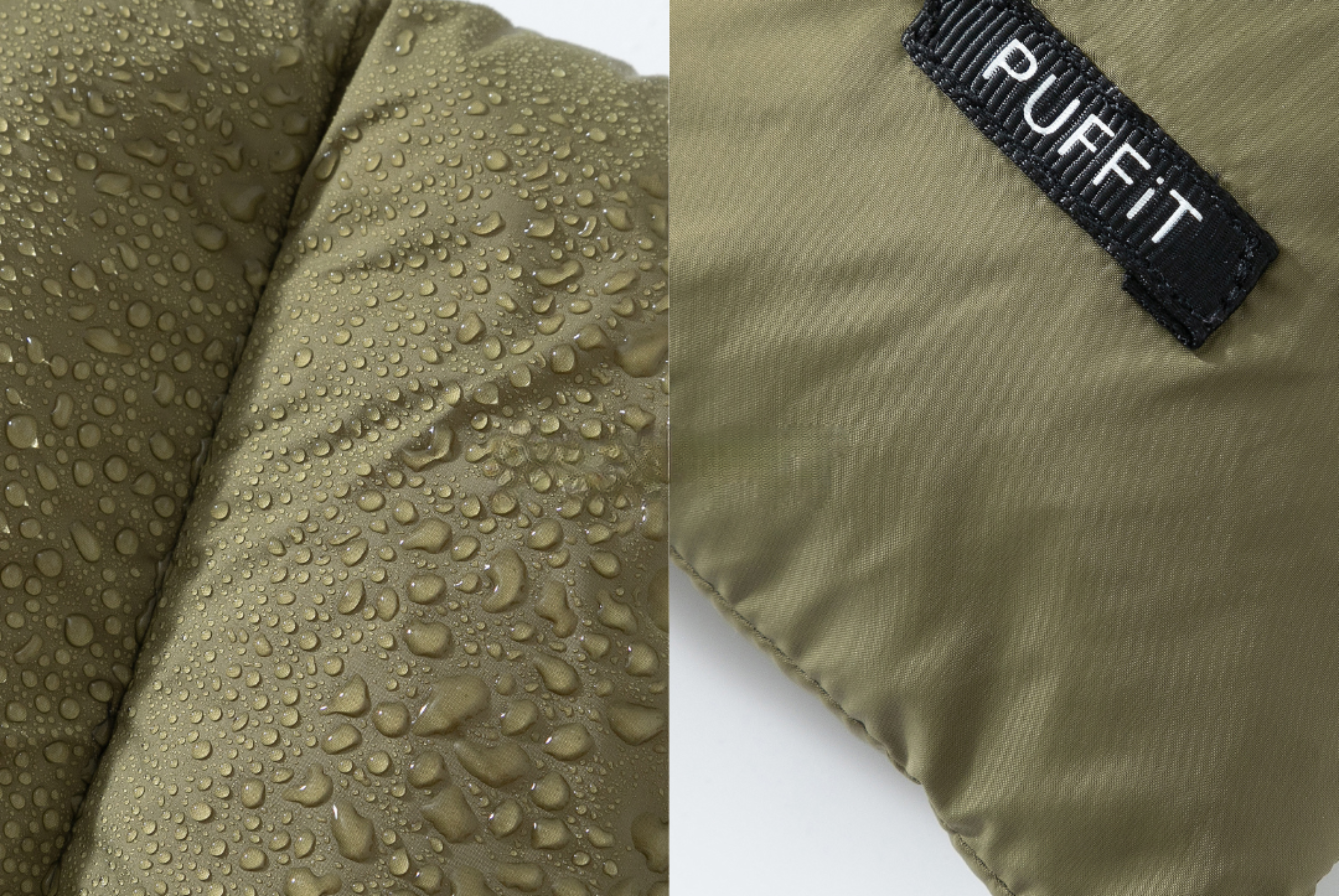 "Comparison of waterproof, water repellent, and water resistant puffer jackets showing varying levels of water protection.