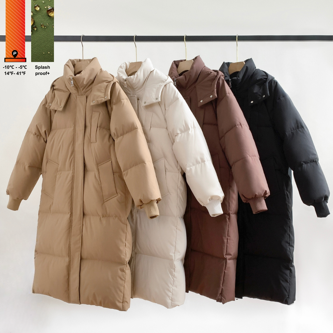 Beige long puffer coat shop
