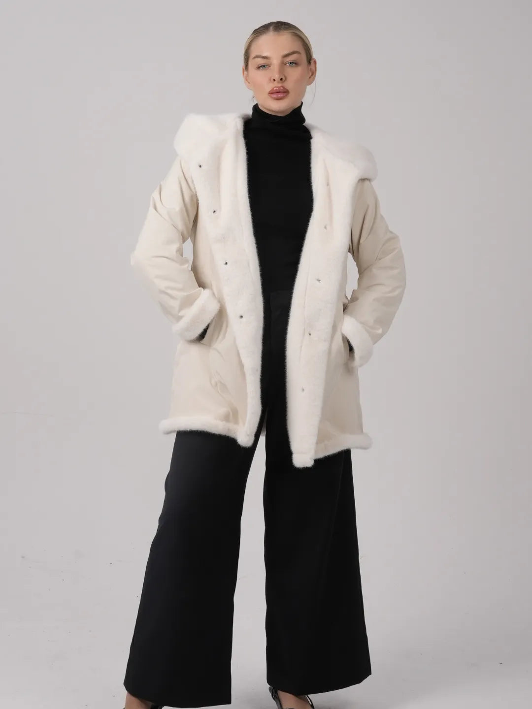 WarmCore™Faux Fur Lining Mid Length Rain Coat,Adjustable Waist Design