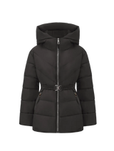 WarmCore™ Premium Hooded Waist-Cinched Puffer With Gold-tone Metal Belt