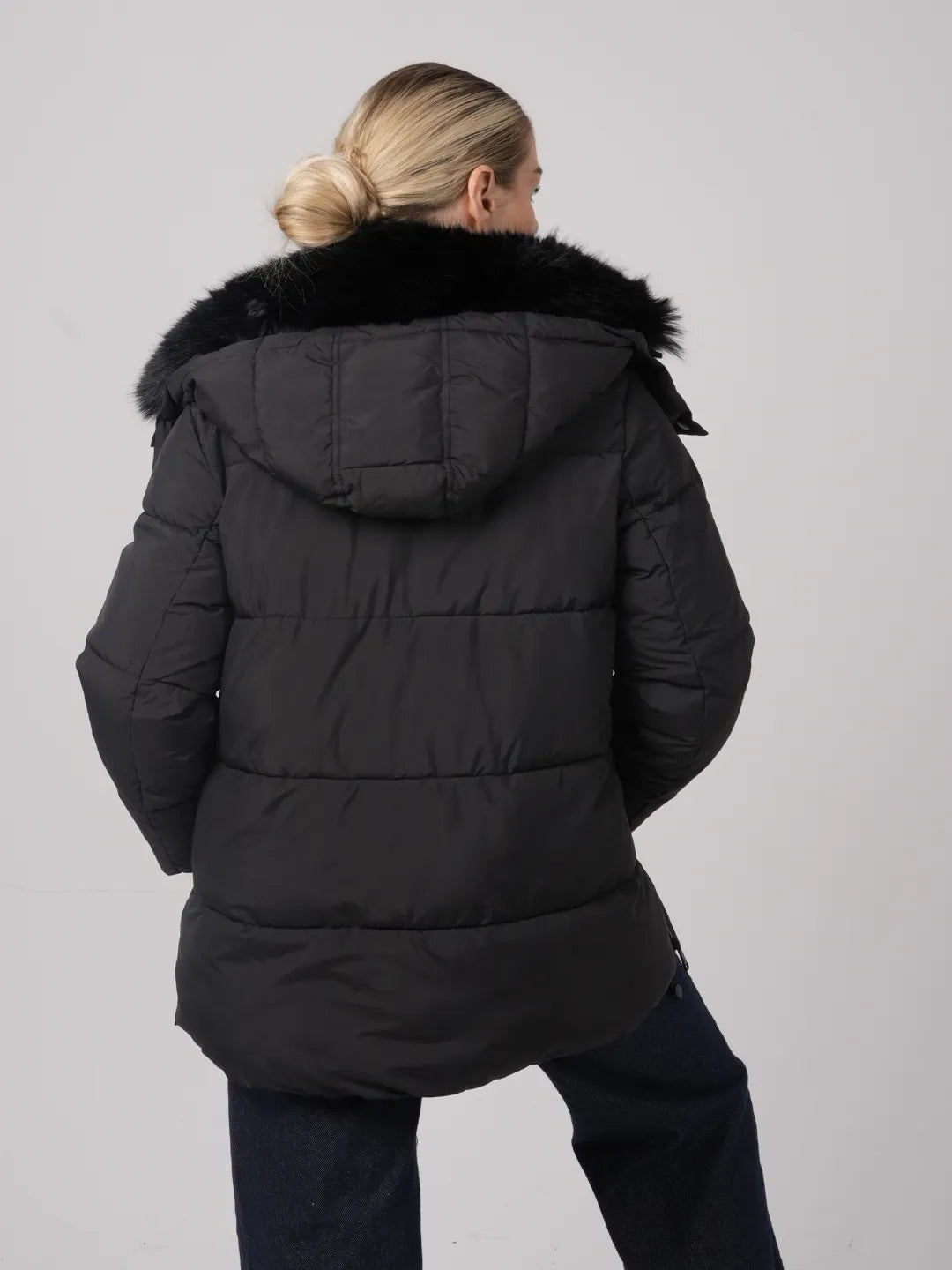 WarmCore™Faux Fur Collar Puffer With Detached Hood,Removable Faux Fur Collar