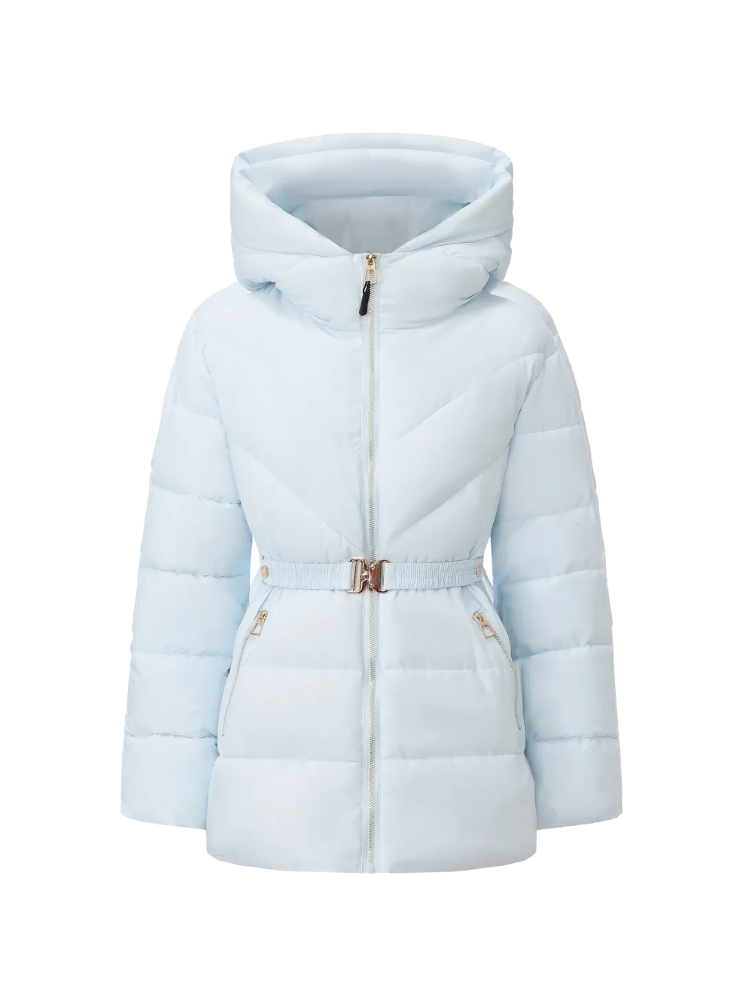 WarmCore™ Premium Hooded Waist-Cinched Puffer With Gold-tone Metal Belt
