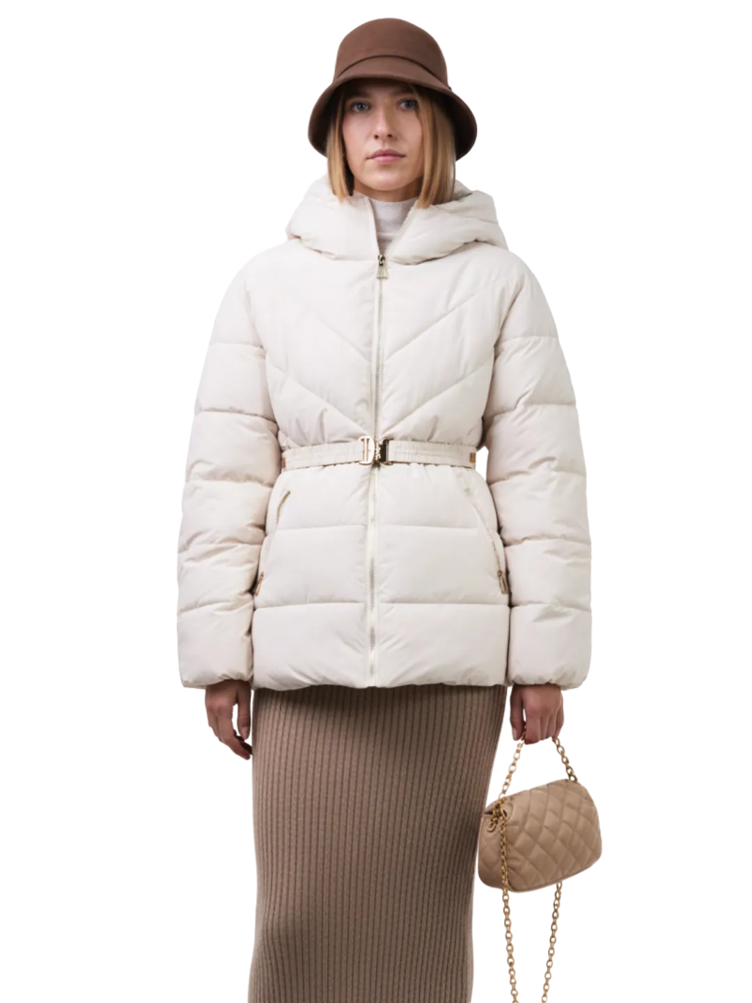 WarmCore™ Premium Hooded Waist-Cinched Puffer With Gold-tone Metal Belt