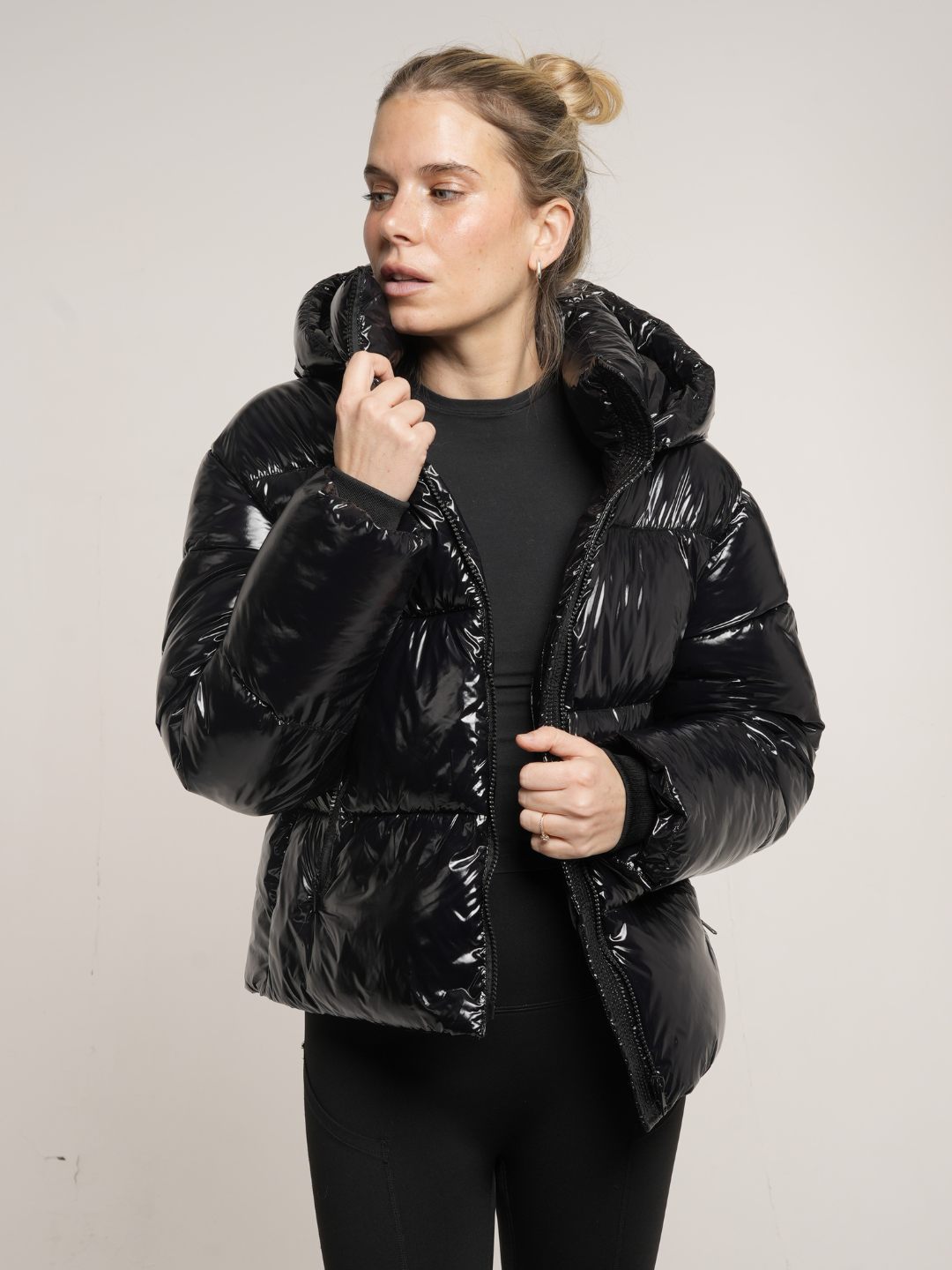 WarmCore™ Shiny Black Detachable Hooded Puffer Jacket