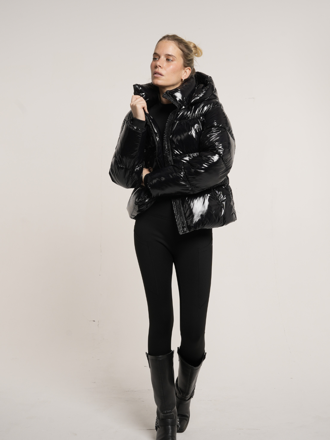 WarmCore™ Shiny Black Detachable Hooded Puffer Jacket